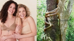 Two women embrace next to a pic of two intertwined trees. The position of the women’s arms echoes the shape of the branches
