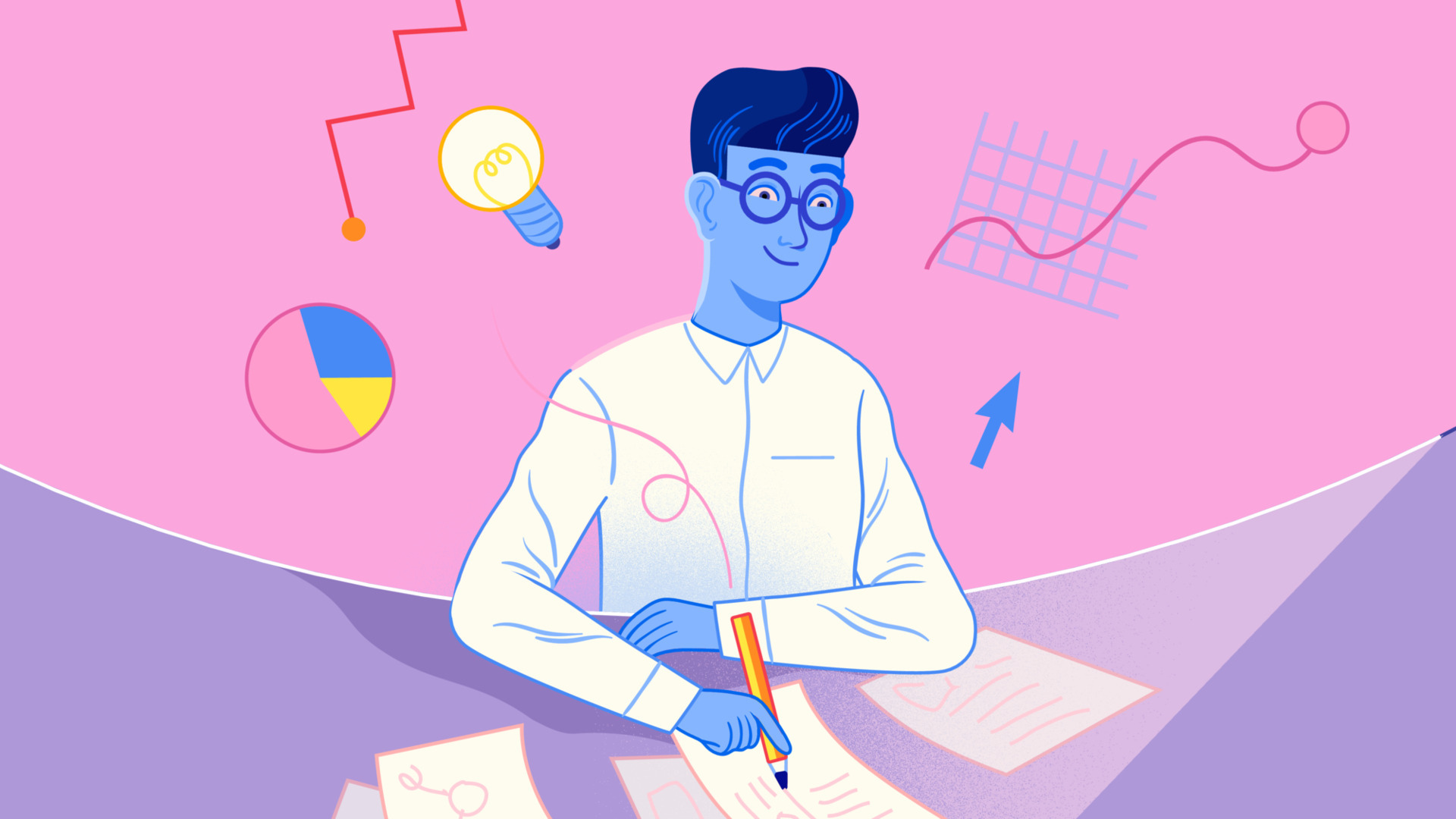 people writing guy pink background